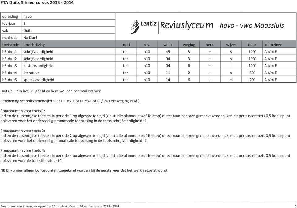 h5-du-t4 literatuur ten n10 11 2 + s 50 A t/m E h5-du-t5 spreekvaardigheid ten n10 14 6 + m 20 A t/m E Duits sluit in het 5 e jaar af en kent wel een centraal examen Berekening schoolexamencijfer: (