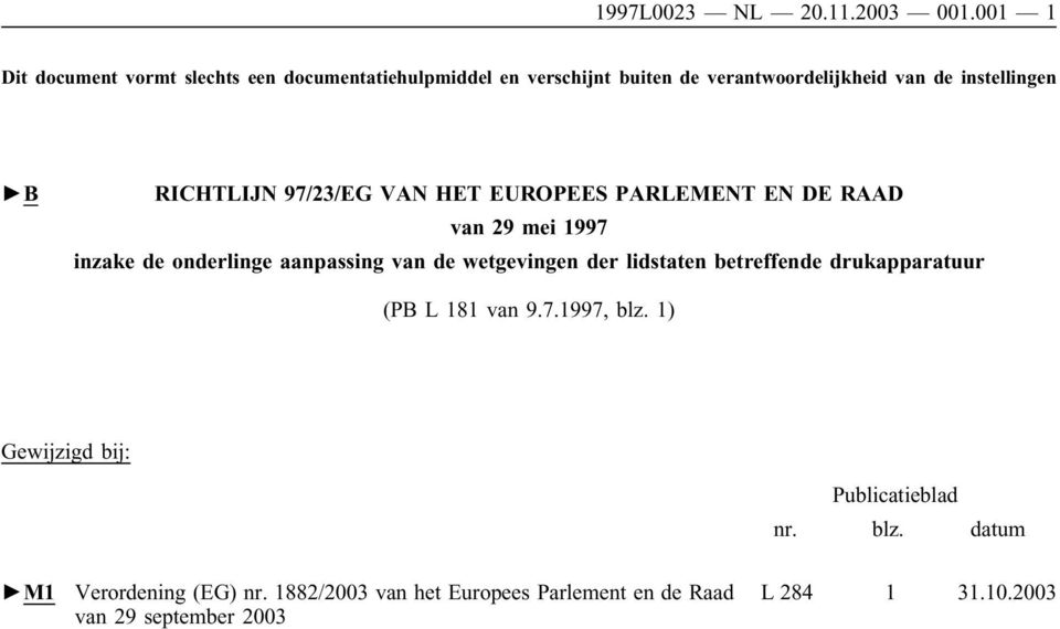 RICHTLIJN 97/23/EG VAN HET EUROPEES PARLEMENT EN DE RAAD van 29 mei 1997 inzake de onderlinge aanpassing van de wetgevingen