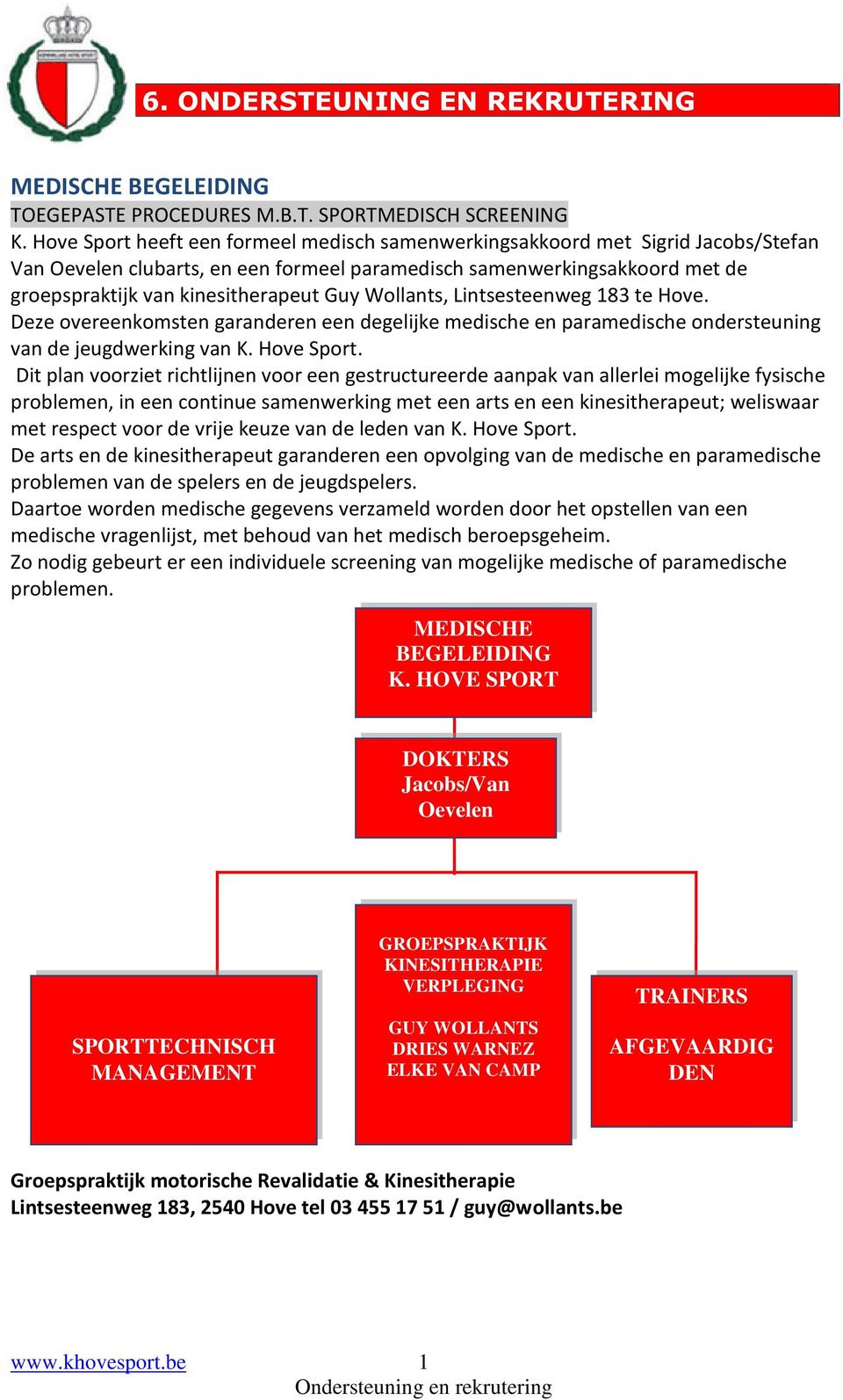 Wollants, Lintsesteenweg 183 te Hove. Deze overeenkomsten garanderen een degelijke medische en paramedische ondersteuning van de jeugdwerking van K. Hove Sport.