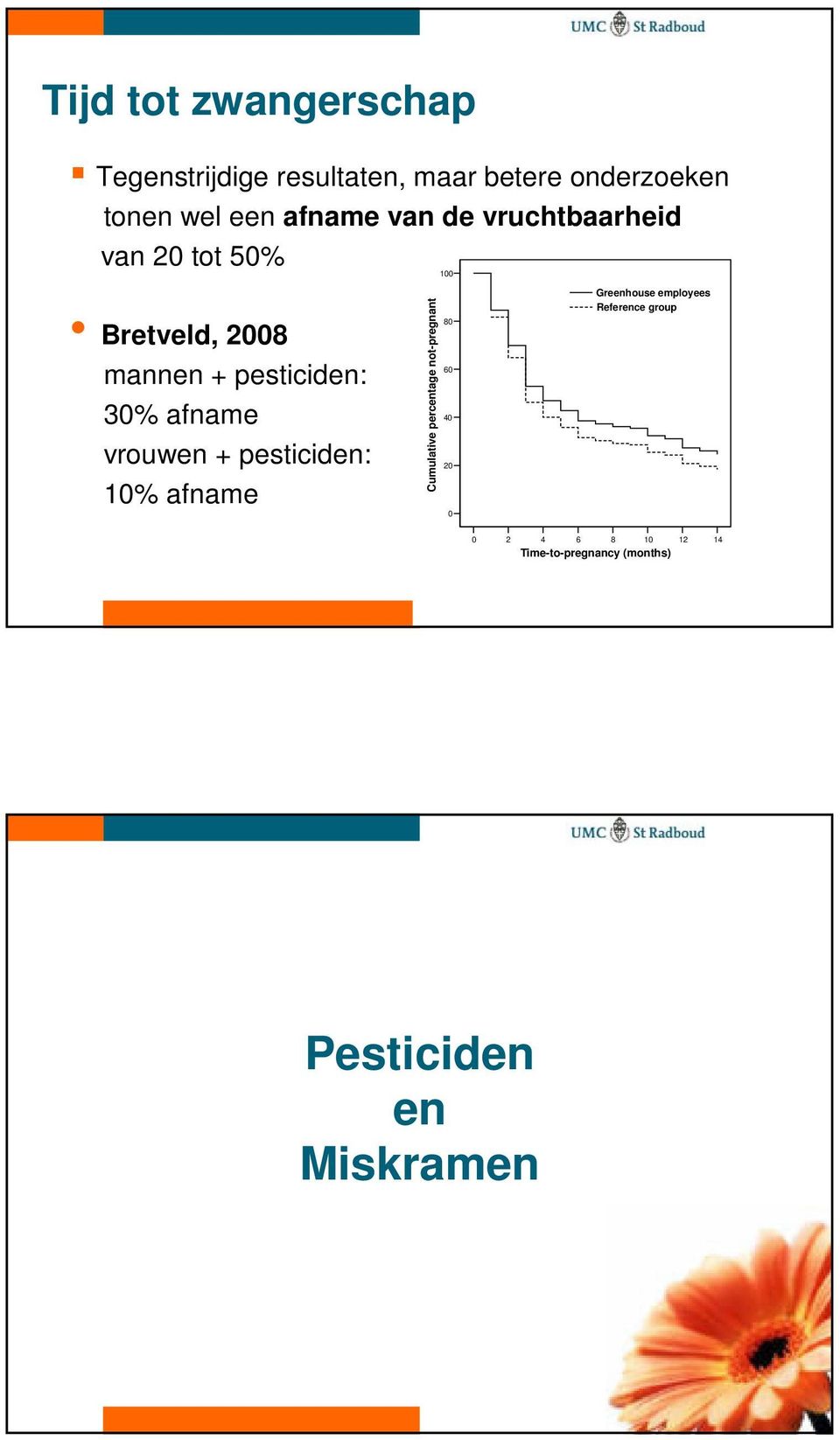 afname vrouwen + pesticiden: 10% afname Cumulative percentage not-pregnant 80 60 40 20