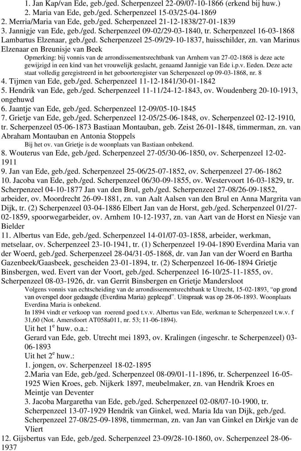 van Marinus Elzenaar en Breunisje van Beek Opmerking: bij vonnis van de arrondissementsrechtbank van Arnhem van 27-02-1868 is deze acte gewijzigd in een kind van het vrouwelijk geslacht, genaamd