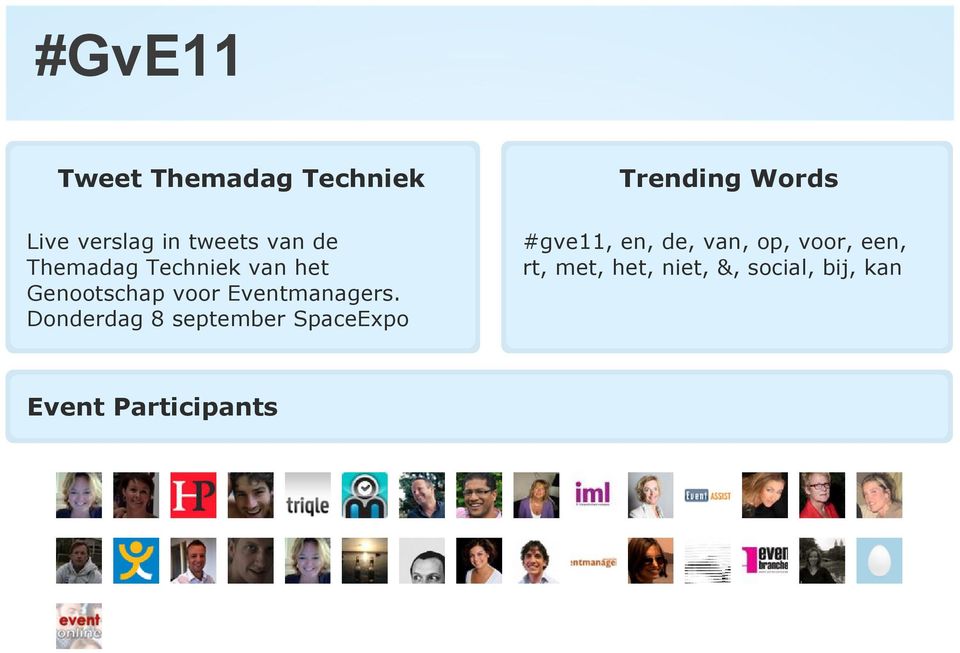 Donderdag 8 september SpaceExpo Trending Words #gve11, en, de,