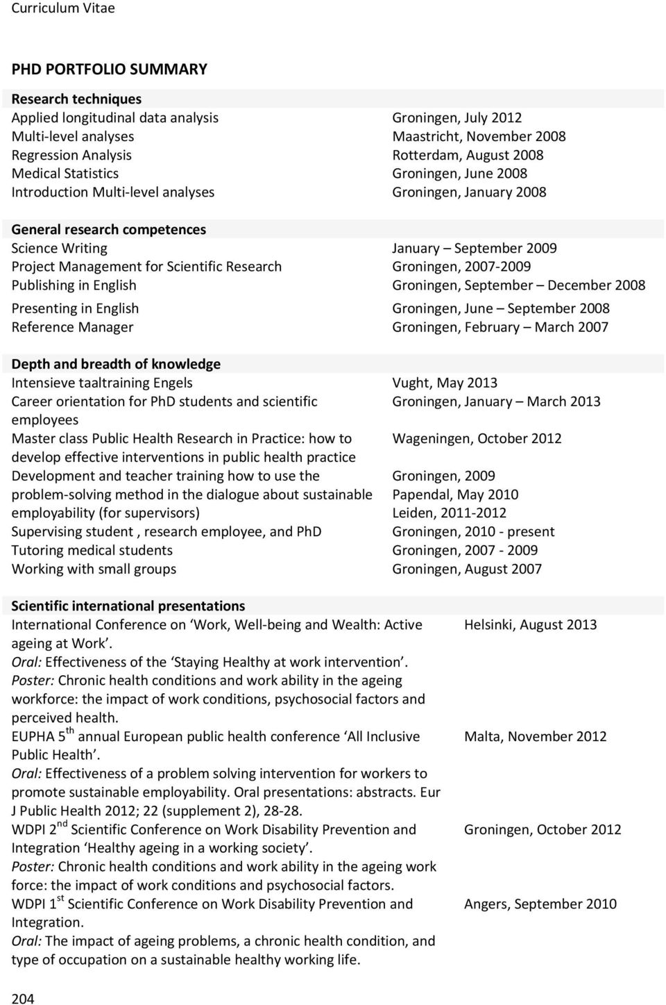 Research Groningen, 2007 2009 Publishing in English Groningen, September December 2008 Presenting in English Groningen, June September 2008 Reference Manager Groningen, February March 2007 Depth and