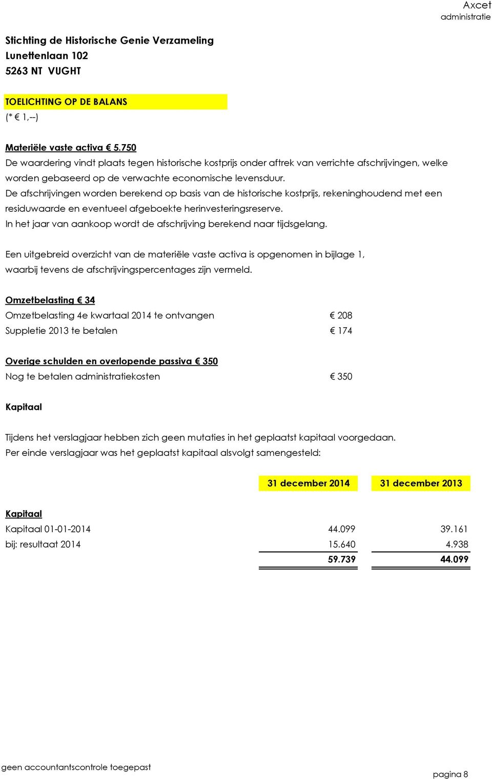 De afschrijvingen worden berekend op basis van de historische kostprijs, rekeninghoudend met een residuwaarde en eventueel afgeboekte herinvesteringsreserve.