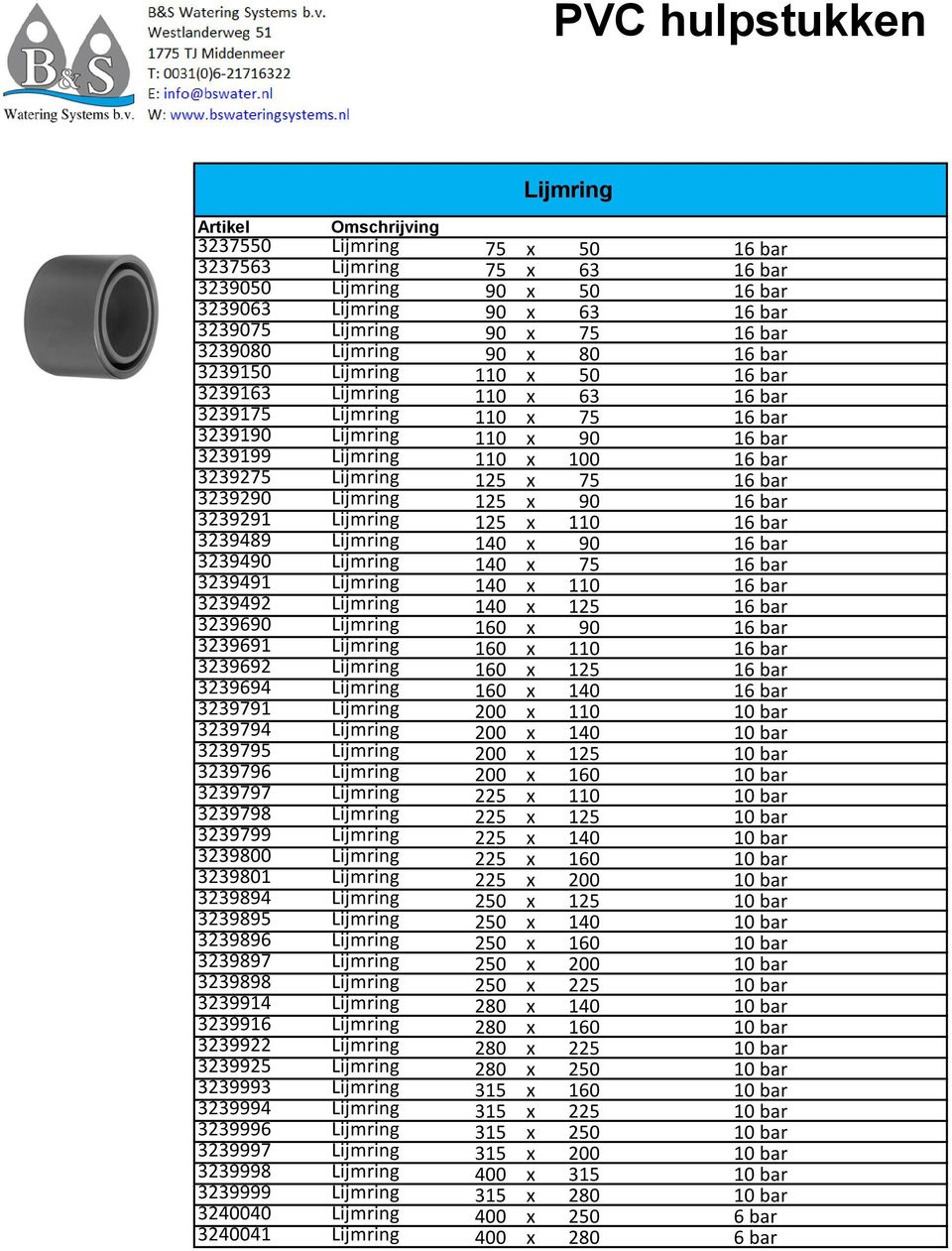 bar 3239290 Lijmring 125 x 90 16 bar 3239291 Lijmring 125 x 110 16 bar 3239489 Lijmring 140 x 90 16 bar 3239490 Lijmring 140 x 75 16 bar 3239491 Lijmring 140 x 110 16 bar 3239492 Lijmring 140 x 125