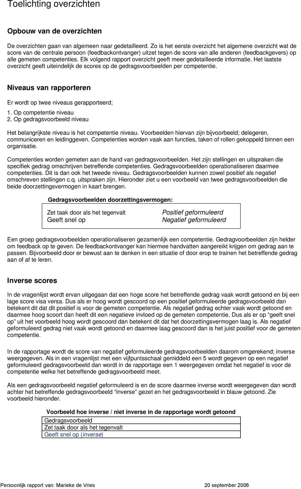 Elk volgend rapport overzicht geeft meer gedetailleerde informatie. Het laatste overzicht geeft uiteindelijk de scores op de gedragsvoorbeelden per competentie.