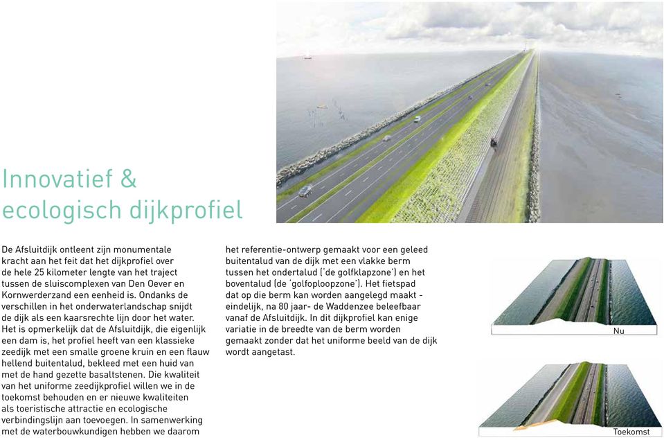 Het is opmerkelijk dat de Afsluitdijk, die eigenlijk een dam is, het profiel heeft van een klassieke zeedijk met een smalle groene kruin en een flauw hellend buitentalud, bekleed met een huid van met