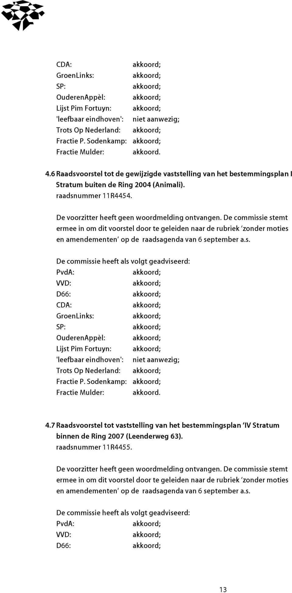 De commissie stemt ermee in om dit voorstel door te geleiden naar de rubriek zonder moties en amendementen op de raadsagenda van 6 september a.s. D66: OuderenAppèl: Lijst Pim Fortuyn: Trots Op Nederland: Fractie P.