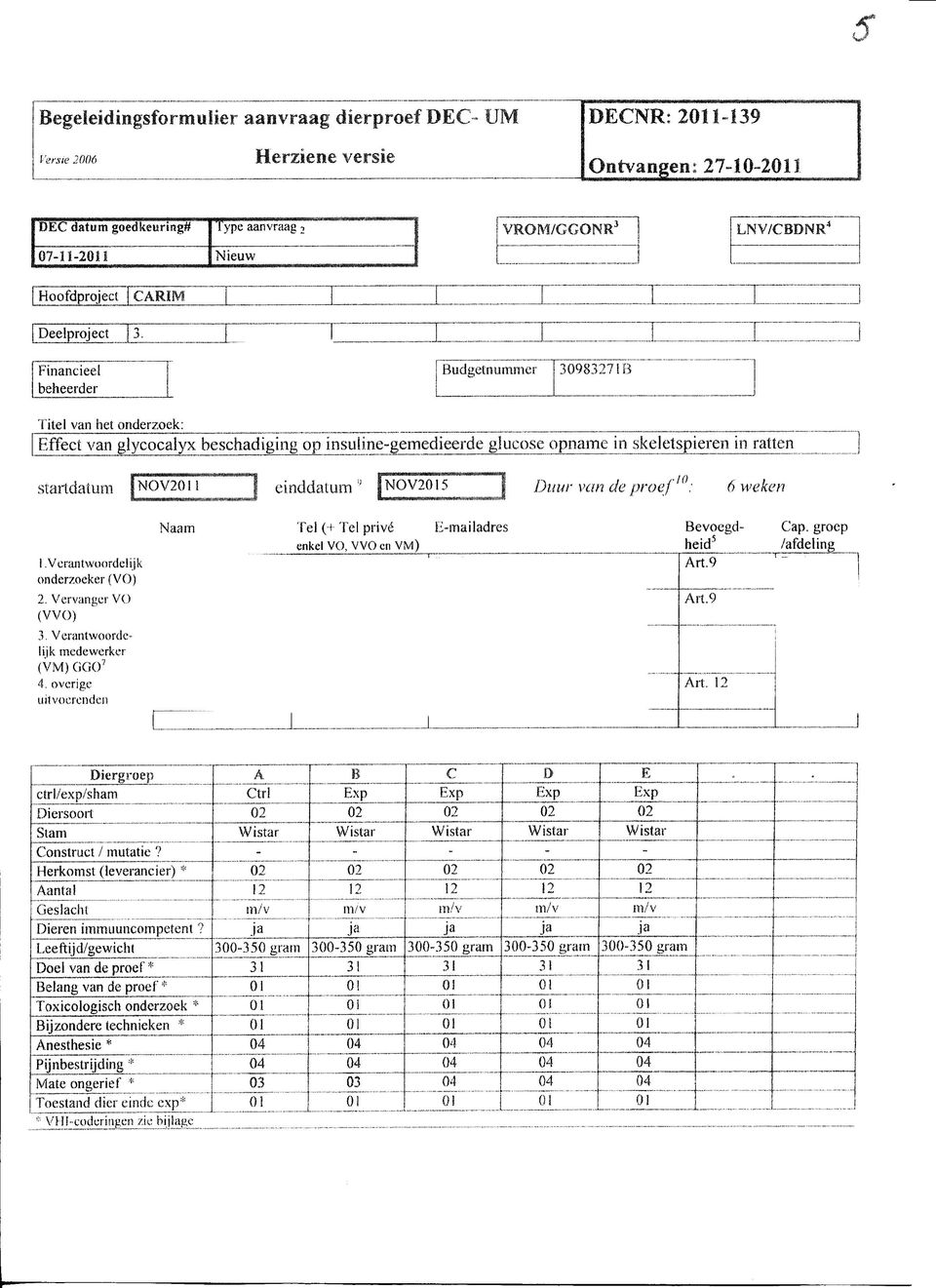 ^adi^Tg opjn^^^ BudgetnummêT T3098327 i B opname in skeletspieren in ratten startdatum [NOV20H einddatum1' NOV25 mm^ï^mwitm&t&tz&mx*. Duur van de proef10: 6 weken!.verantwoordelijk onderzoeker (VO) 2.