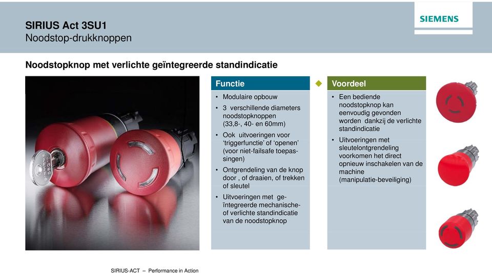 draaien, of trekken of sleutel Uitvoeringen met geïntegreerde mechanischeof verlichte standindicatie van de noodstopknop Een bediende noodstopknop kan