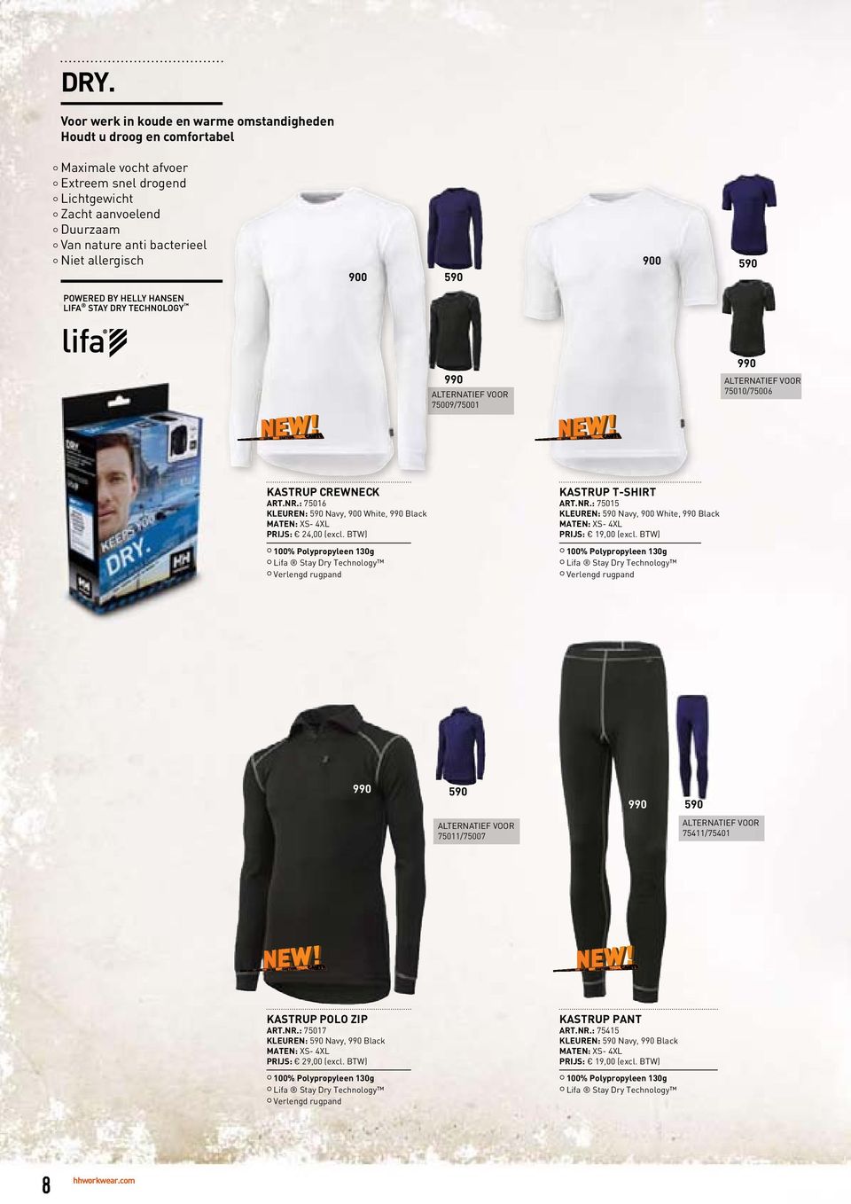 Btw) 100% Polypropyleen 130g lifa stay dry technology verlengd rugpand KastruP t-shirt art.nr.: 75015 KLeuren: 590 navy, 900 white, Black Maten: Xs- 4Xl PrIJs: 19,00 (excl.