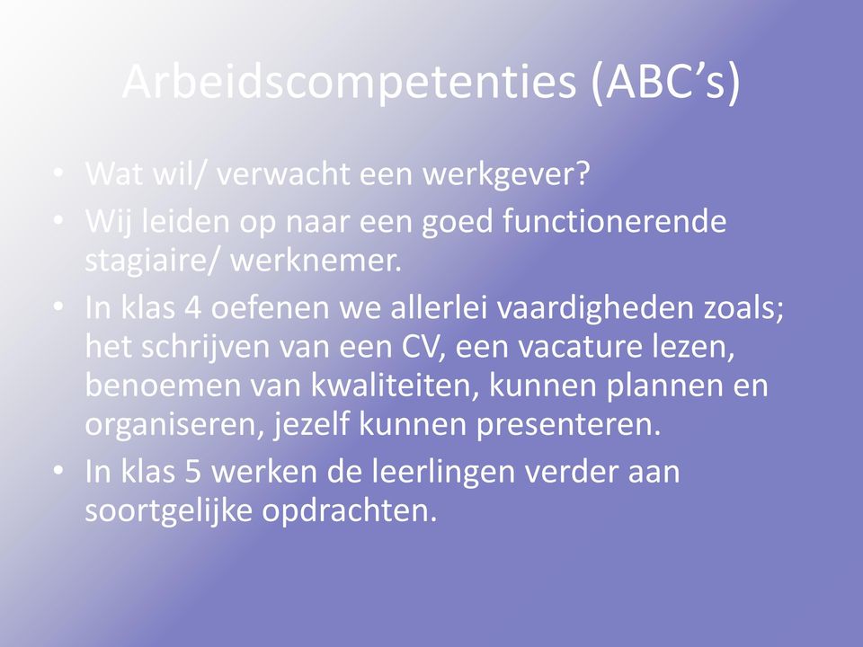 In klas 4 oefenen we allerlei vaardigheden zoals; het schrijven van een CV, een vacature