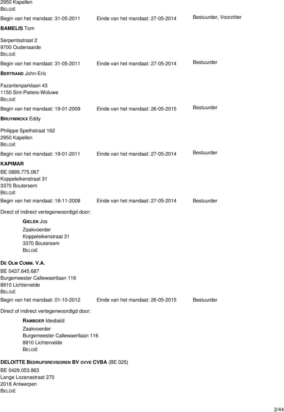 BRUYNINCKX Eddy Philippe Spethstraat 162 2950 Kapellen BELGIË Begin van het mandaat: 19-01-2011 Einde van het mandaat: 27-05-2014 Bestuurder KAPIMAR BE 0899.775.