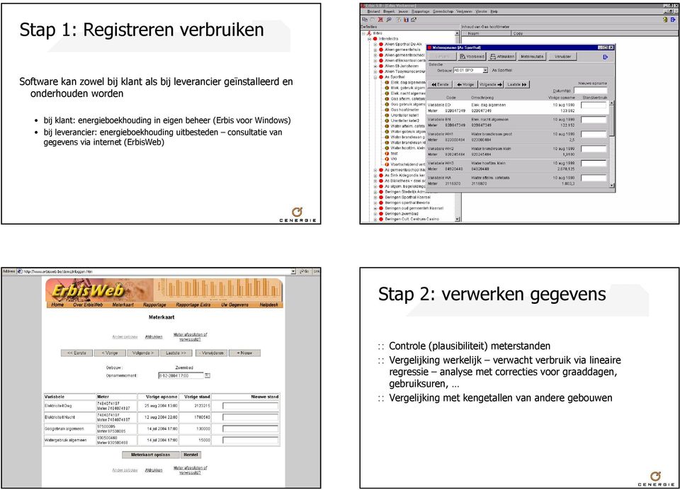 gegevens via internet (ErbisWeb) Stap 2: verwerken gegevens Controle (plausibiliteit) meterstanden Vergelijking werkelijk