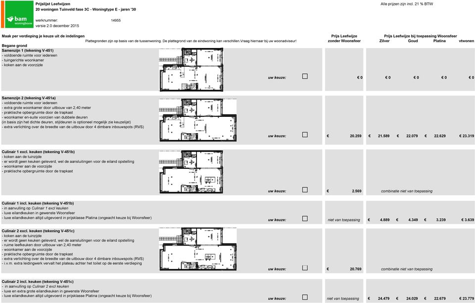 Samenzijn 1 (tekening V-451) Samenzijn 2 (tekening V-451a) - extra grote woonkamer door uitbouw van 2,40 meter - woonkamer en-suite voorzien van dubbele deuren (in basis zijn het dichte deuren,