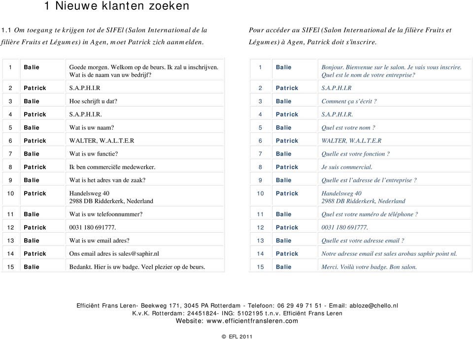 Wat is de naam van uw bedrijf? 2 Patrick S.A.P.H.I.R 3 Balie Hoe schrijft u dat? 4 Patrick S.A.P.H.I.R. 5 Balie Wat is uw naam? 6 Patrick WALTER, W.A.L.T.E.R 7 Balie Wat is uw functie?