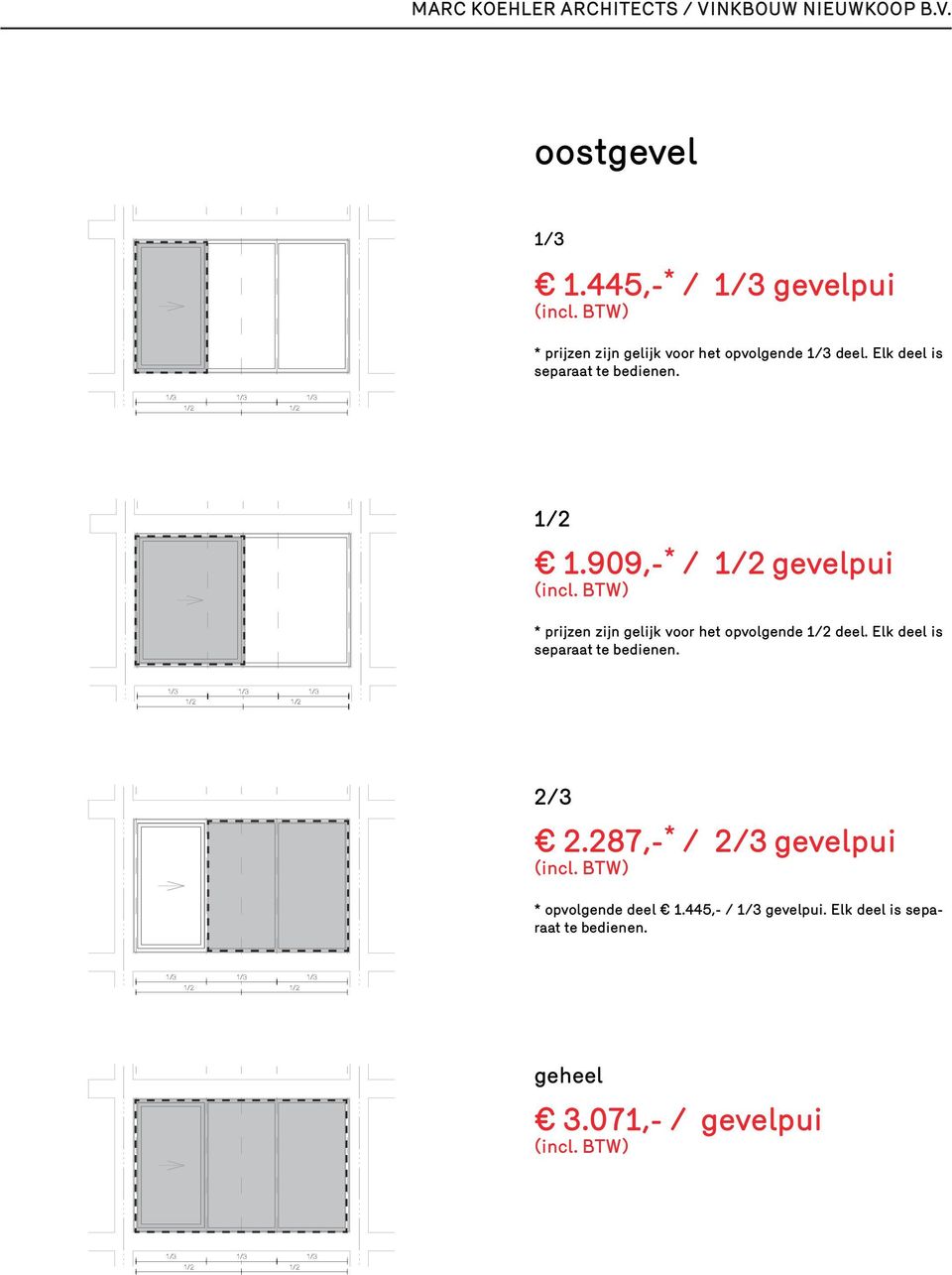 909,- * / 1/2 gevelpui * prijzen zijn gelijk voor het opvolgende 1/2 deel. Elk deel is separaat te bedienen.