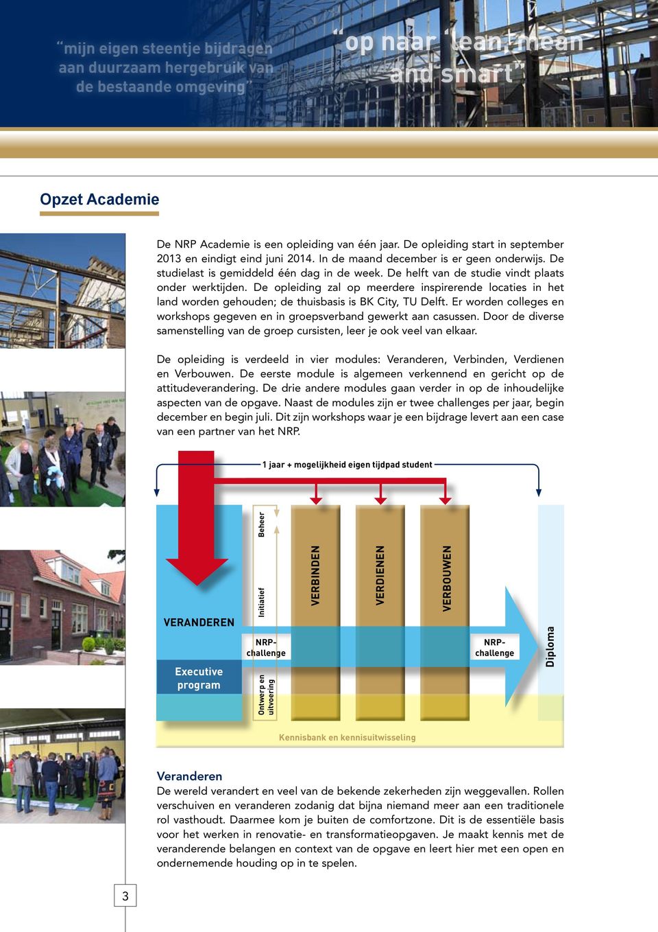 De helft van de studie vindt plaats onder werktijden. De opleiding zal op meerdere inspirerende locaties in het land worden gehouden; de thuisbasis is BK City, TU Delft.