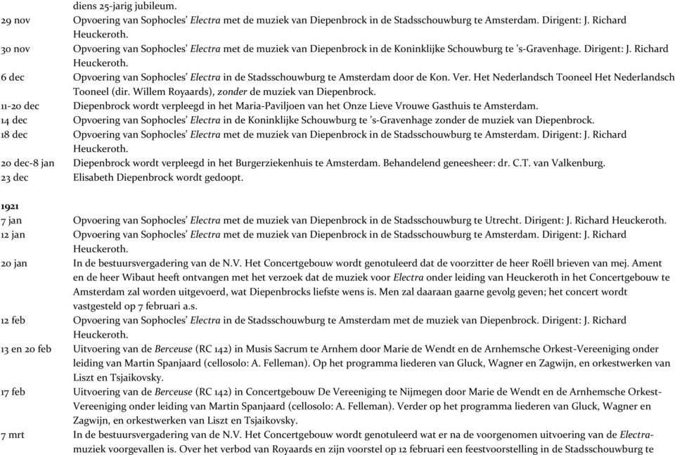 6 dec Opvoering van Sophocles Electra in de Stadsschouwburg te Amsterdam door de Kon. Ver. Het Nederlandsch Tooneel Het Nederlandsch Tooneel (dir. Willem Royaards), zonder de muziek van Diepenbrock.