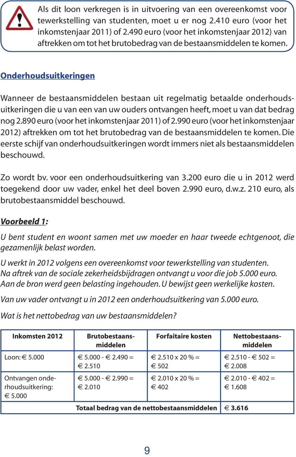 Onderhoudsuitkeringen Wanneer de bestaansmiddelen bestaan uit regelmatig betaalde onderhoudsuitkeringen die u van een van uw ouders ontvangen heeft, moet u van dat bedrag nog 2.