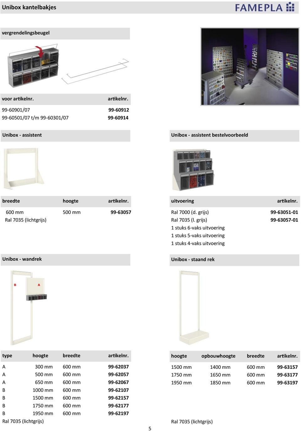 grijs) 99-63057-01 1 stuks 6-vaks 1 stuks 5-vaks 1 stuks 4-vaks Unibox - wandrek Unibox - staand rek type hoogte breedte A 300 mm 600 mm 99-62037 A 500 mm 600 mm 99-62057 A 650