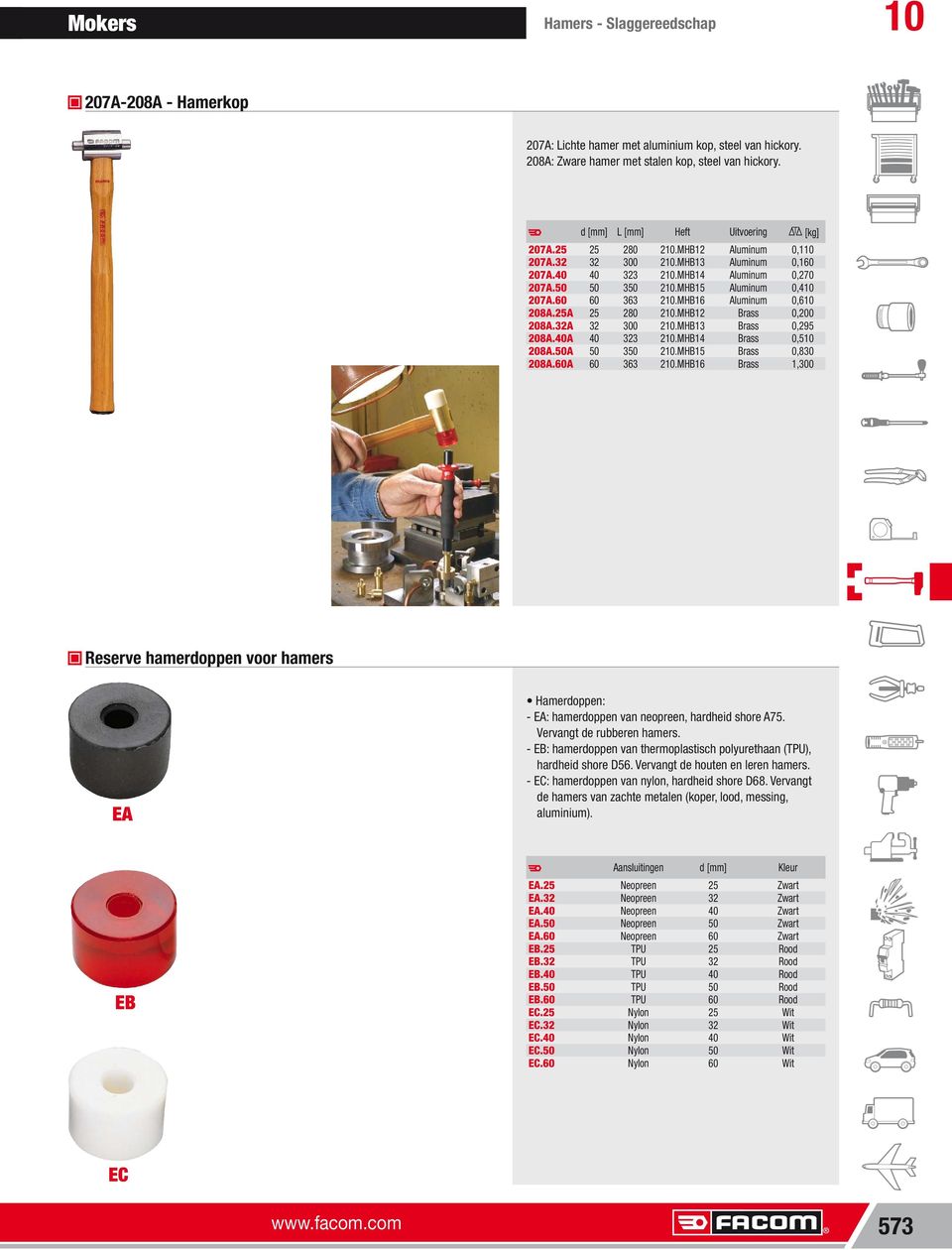 50A 50 350 210.MHB15 Brass 0,830 208A.60A 60 363 210.MHB16 Brass 1,300 Reserve hamerdoppen voor hamers EA EB Aansluitingen d [mm] Kleur EA.25 Neopreen 25 EA.32 Neopreen 32 EA.40 Neopreen 40 EA.