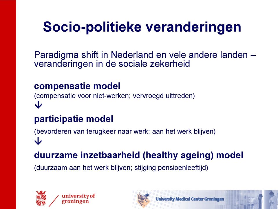 vervroegd uittreden) participatie model (bevorderen van terugkeer naar werk; aan het werk