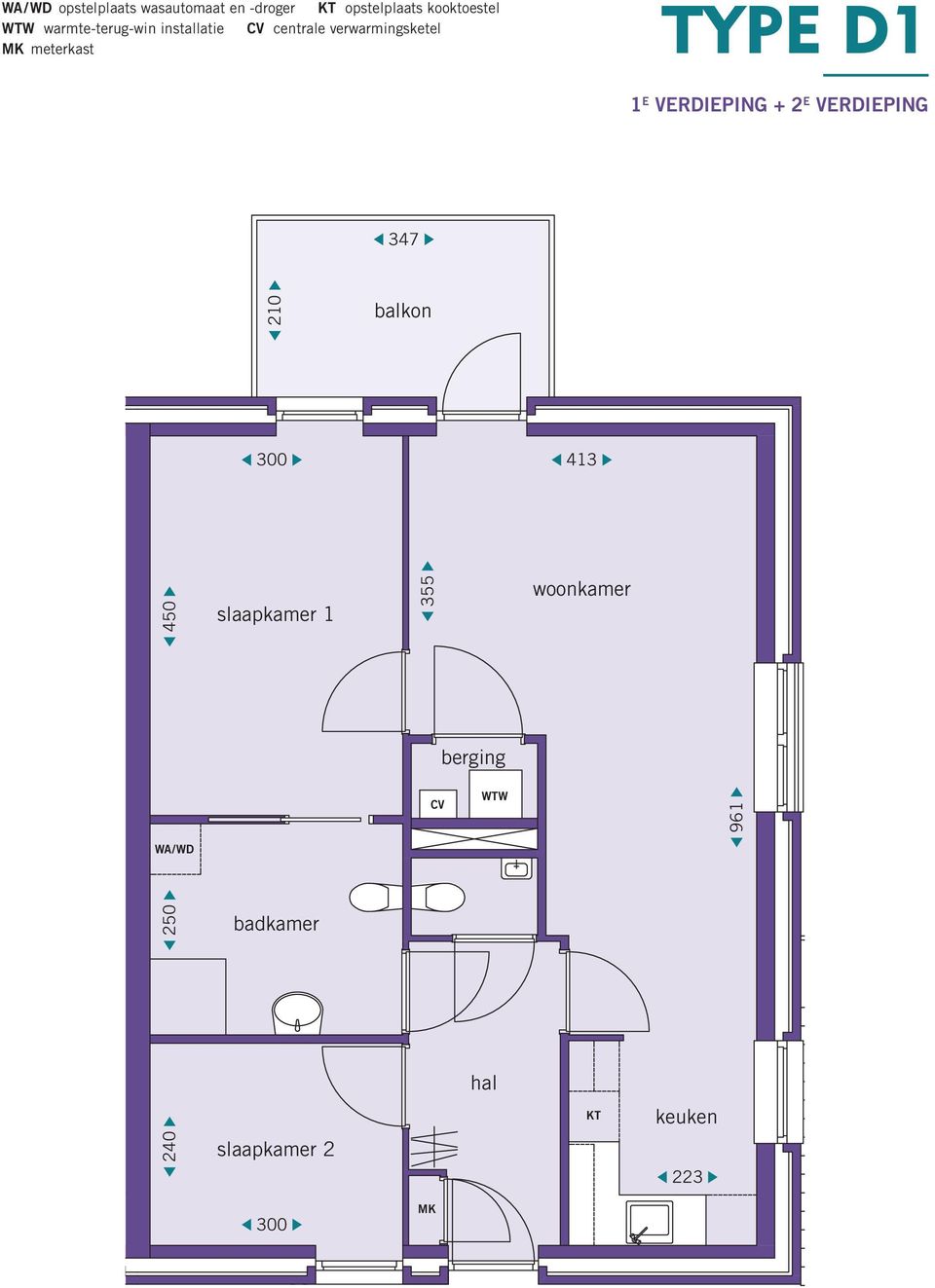 D1 1 E VERDIEING + 2 E VERDIEING 347 210 balkon 413 450 slaapkamer 1 355