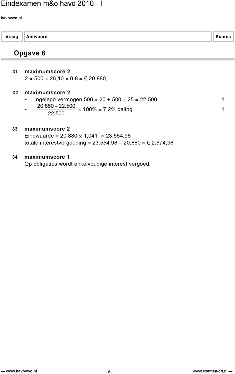 500 100% = 7,2% daling 1 22.500 33 maximumscore 2 Eindwaarde = 20.880 1,041 3 = 23.