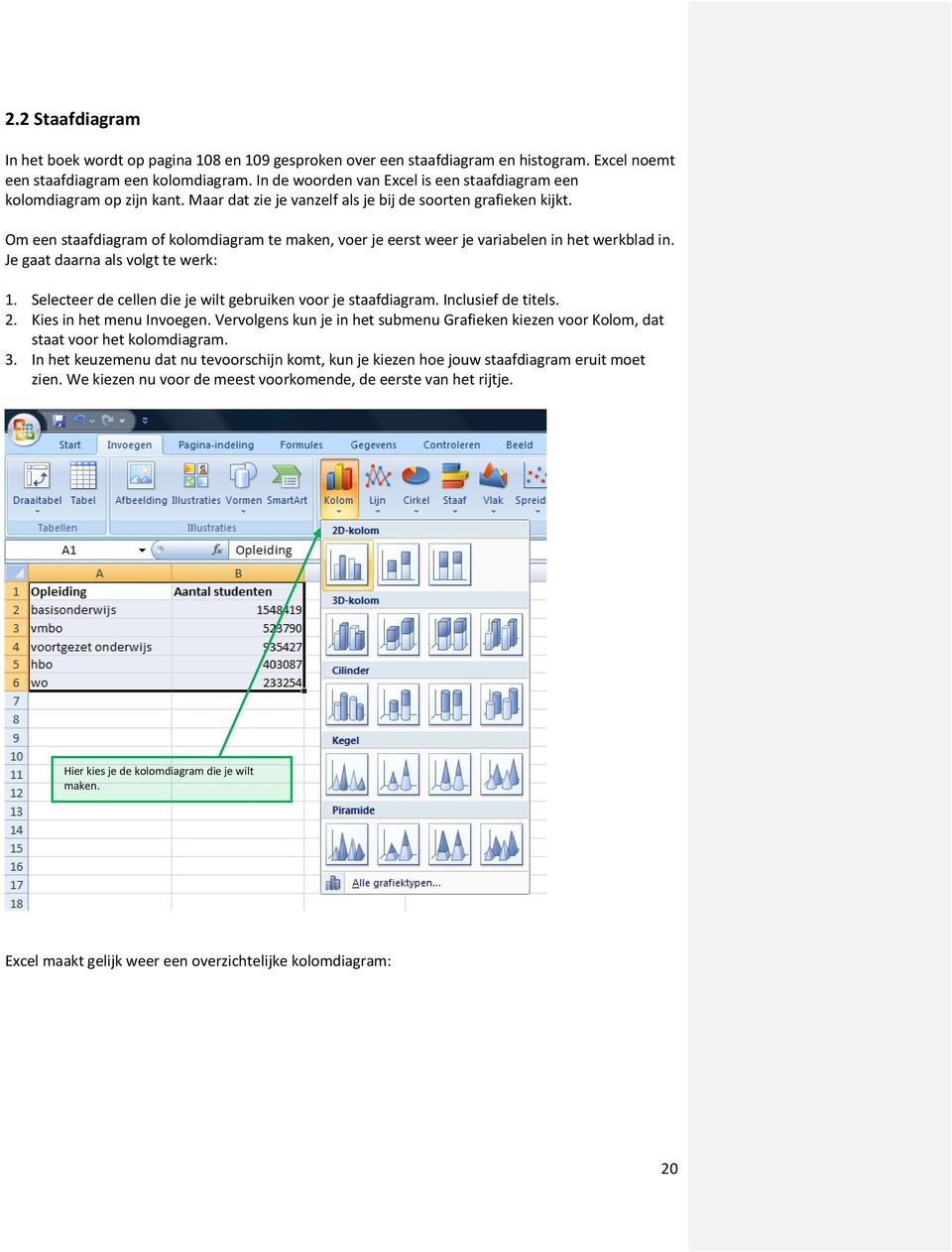 Om een staafdiagram of kolomdiagram te maken, voer je eerst weer je variabelen in het werkblad in. Je gaat daarna als volgt te werk: 1. Selecteer de cellen die je wilt gebruiken voor je staafdiagram.