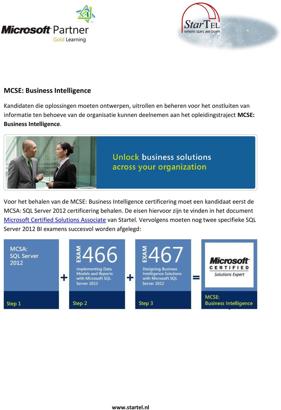 Voor het behalen van de MCSE: Business Intelligence certificering moet een kandidaat eerst de MCSA: SQL Server 2012 certificering behalen.