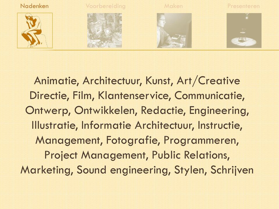 Engineering, Illustratie, Informatie Architectuur, Instructie, Management, Fotografie,