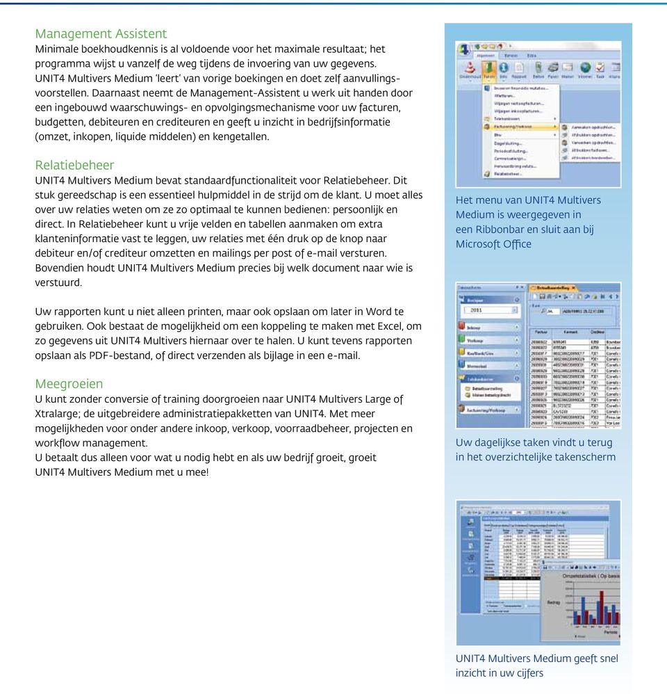 Daarnaast neemt de Management-Assistent u werk uit handen door een ingebouwd waarschuwings- en opvolgingsmechanisme voor uw facturen, budgetten, debiteuren en crediteuren en geeft u inzicht in