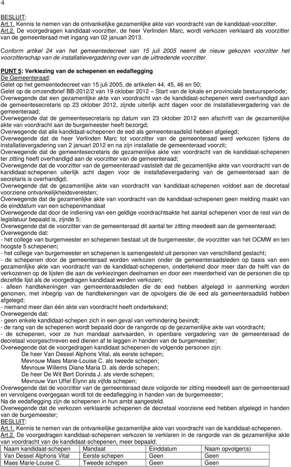 Conform artikel 24 van het gemeentedecreet van 15 juli 2005 neemt de nieuw gekozen voorzitter het voorzitterschap van de installatievergadering over van de uittredende voorzitter.