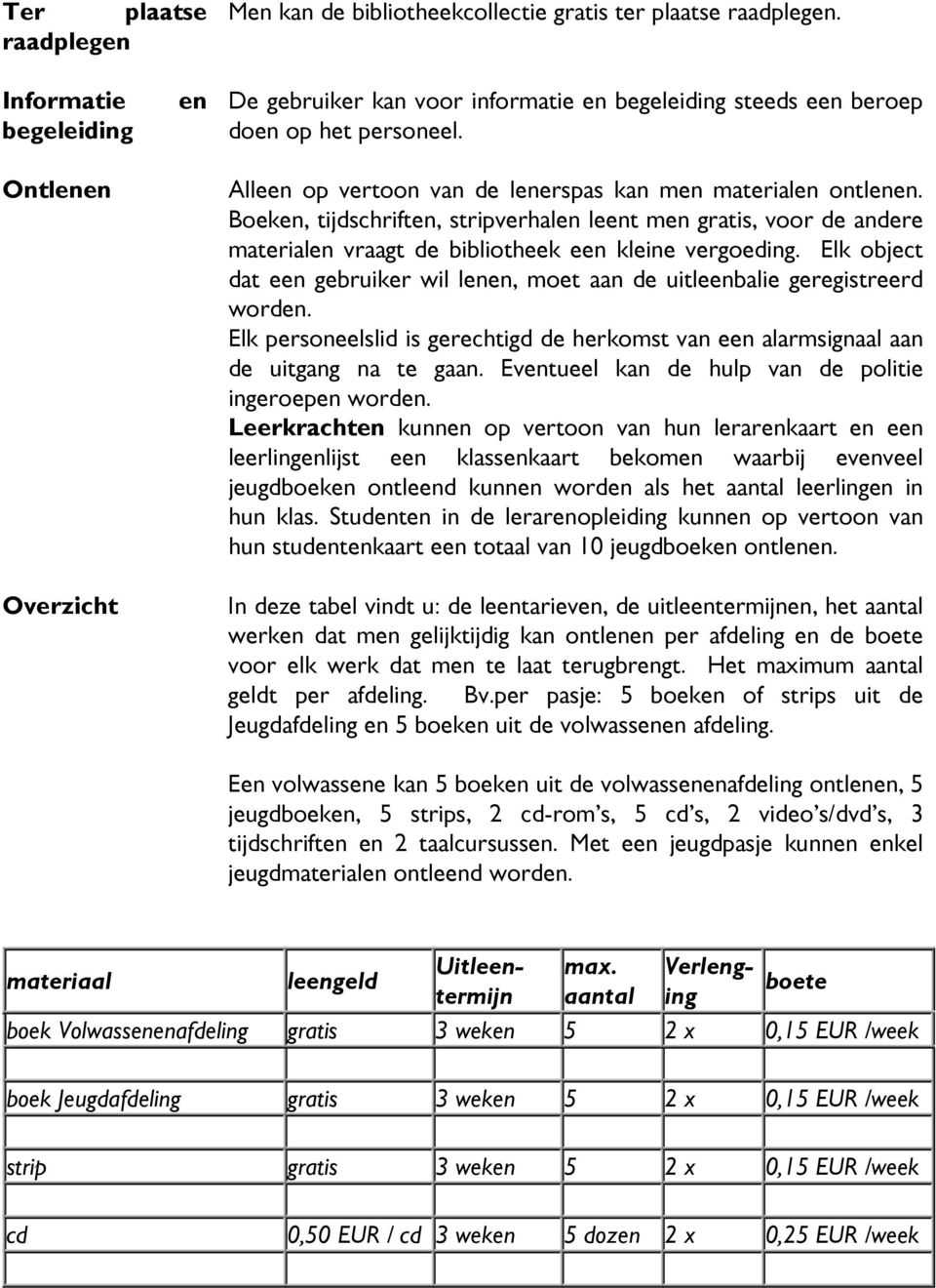 Boeken, tijdschriften, stripverhalen leent men gratis, voor de andere materialen vraagt de bibliotheek een kleine vergoeding.