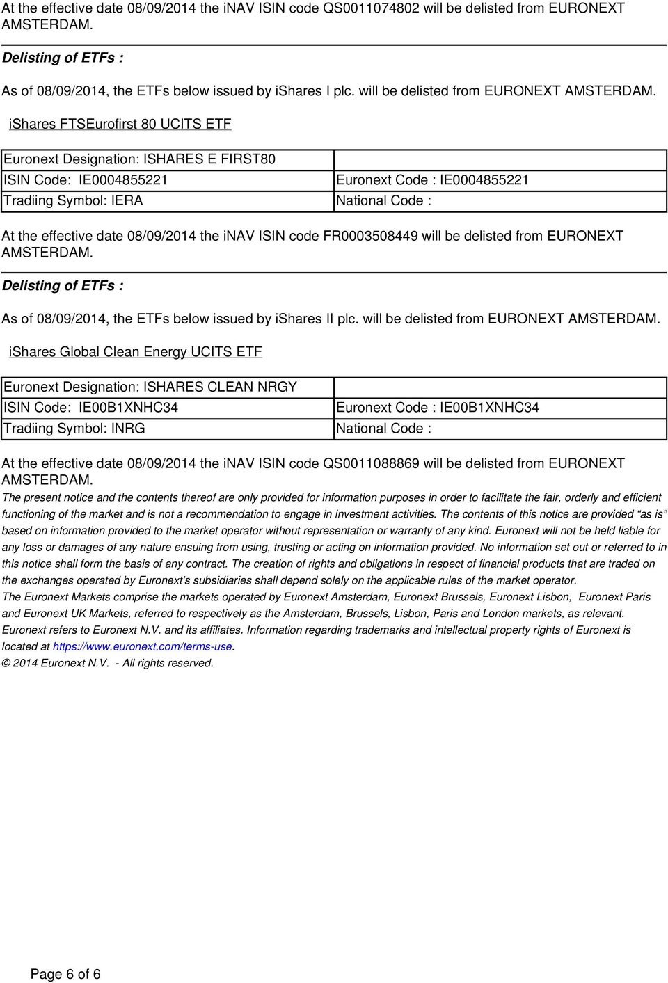 the effective date 08/09/2014 the inav ISIN code FR0003508449 will be delisted from EURONEXT As of 08/09/2014, the ETFs below issued by ishares II plc.