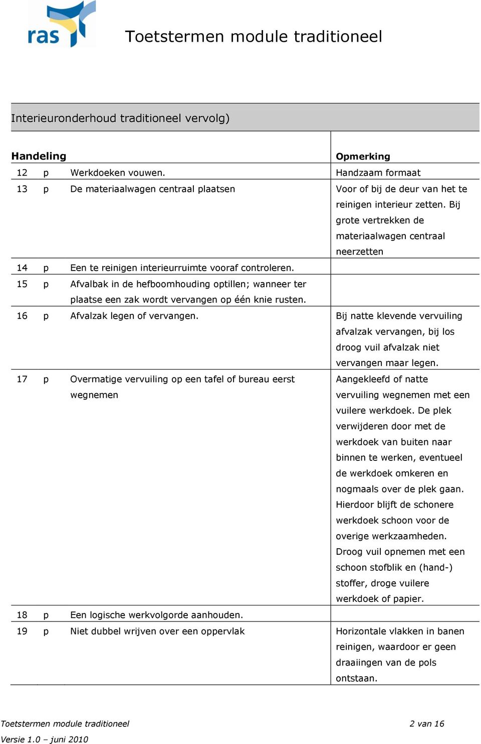 15 p Afvalbak in de hefboomhouding optillen; wanneer ter plaatse een zak wordt vervangen op één knie rusten. 16 p Afvalzak legen of vervangen.