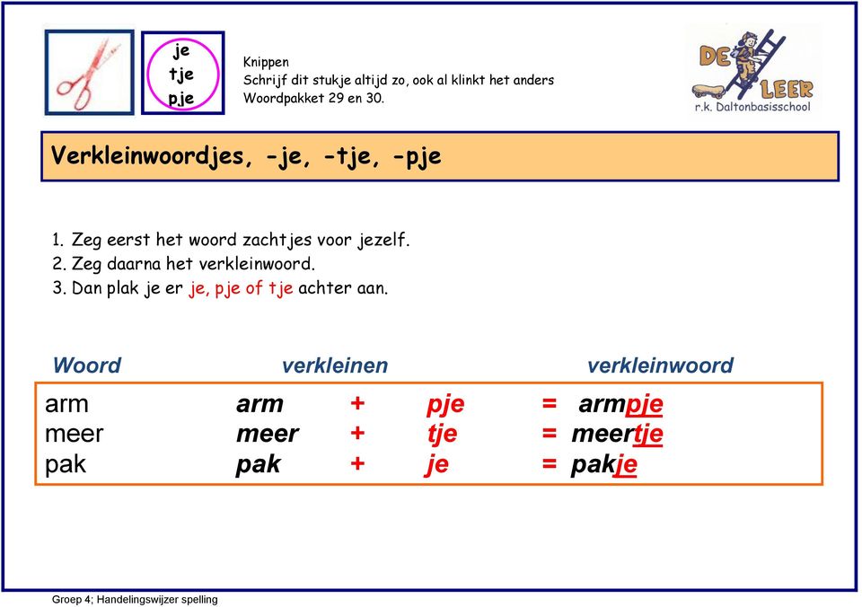 2. Zeg daarna het verkleinwoord. 3. Dan plak je er je, pje of tje achter aan.