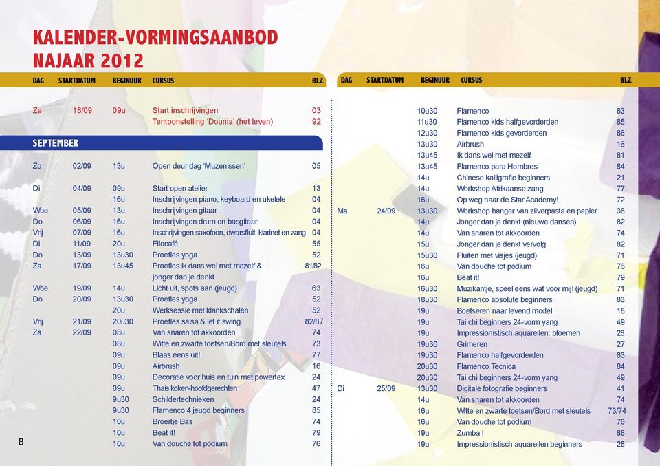 8 Za 18/09 09u Start inschrijvingen 03 Tentoonstelling Dounia (het leven) 92 SEPTEMBER Zo 02/09 13u Open deur dag Muzenissen 05 Di 04/09 09u Start open atelier 13 16u Inschrijvingen piano, keyboard
