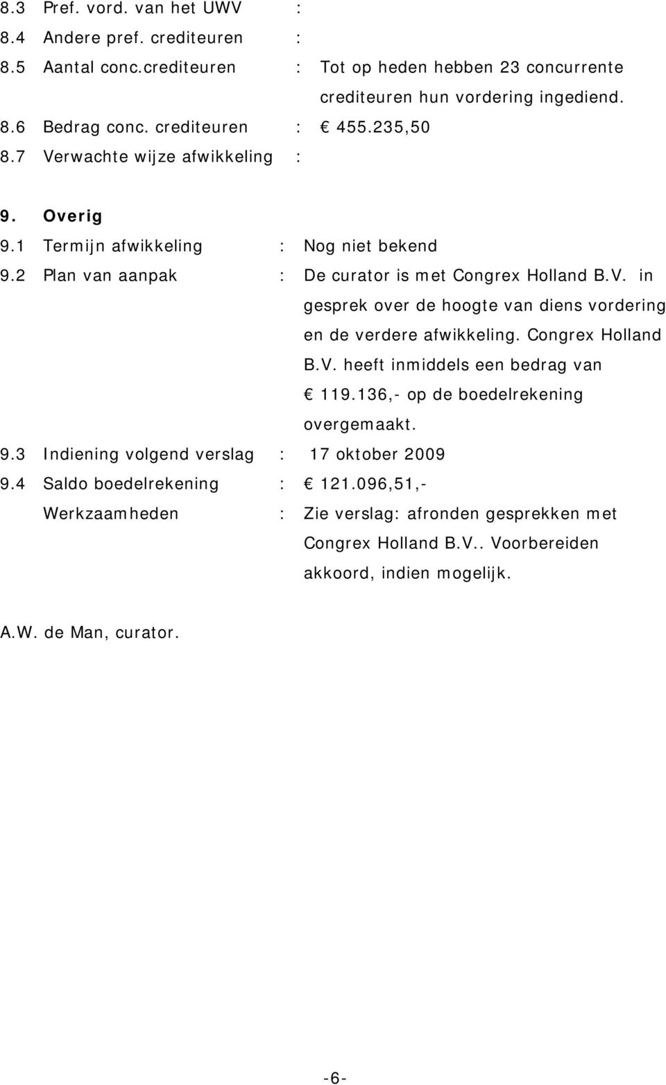 Congrex Holland B.V. heeft inmiddels een bedrag van 119.136,- op de boedelrekening overgemaakt. 9.3 Indiening volgend verslag : 17 oktober 2009 9.4 Saldo boedelrekening : 121.