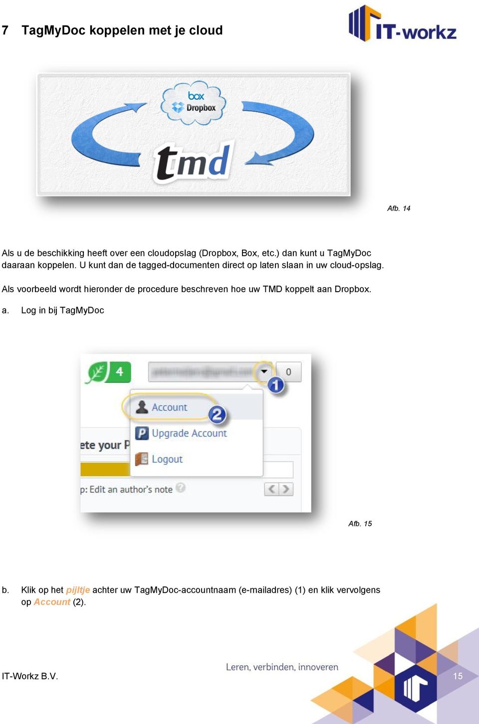Als voorbeeld wordt hieronder de procedure beschreven hoe uw TMD koppelt aan Dropbox. a. Log in bij TagMyDoc Afb.