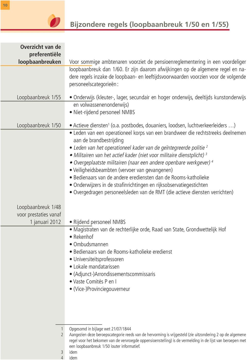 Er zijn daarom afwijkingen op de algemene regel en nadere regels inzake de loopbaan- en leeftijdsvoorwaarden voorzien voor de volgende personeelscategorieën : Onderwijs (kleuter-, lager, secundair en