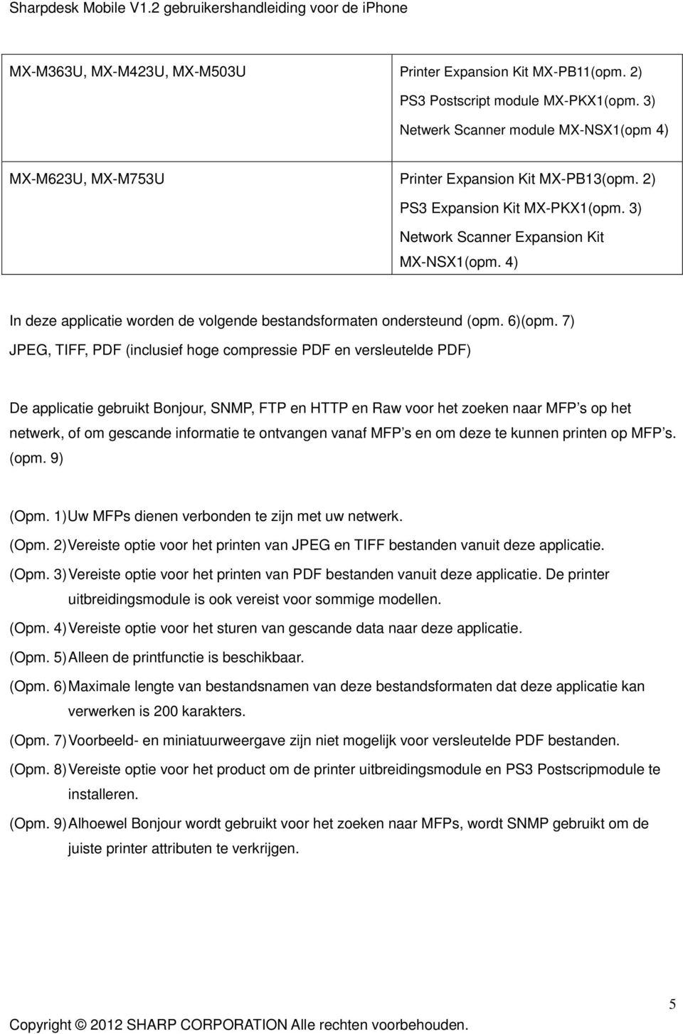 7) JPEG, TIFF, PDF (inclusief hoge compressie PDF en versleutelde PDF) De applicatie gebruikt Bonjour, SNMP, FTP en HTTP en Raw voor het zoeken naar MFP s op het netwerk, of om gescande informatie te