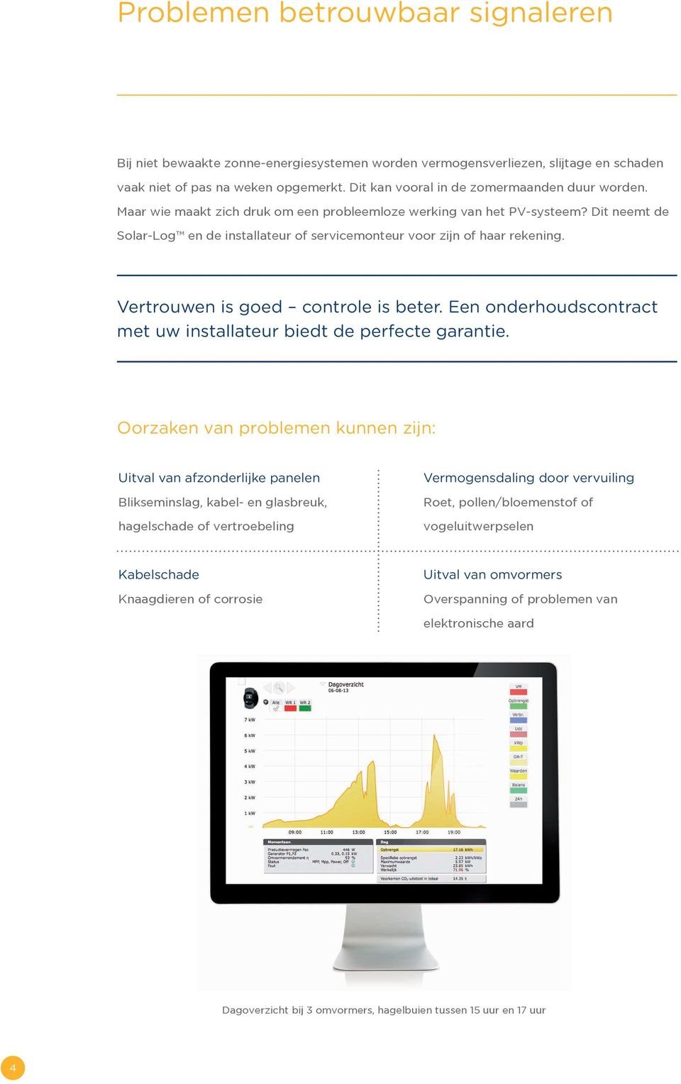 Dit neemt de Solar-Log en de installateur of servicemonteur voor zijn of haar rekening. Vertrouwen is goed controle is beter. Een onderhoudscontract met uw installateur biedt de perfecte garantie.