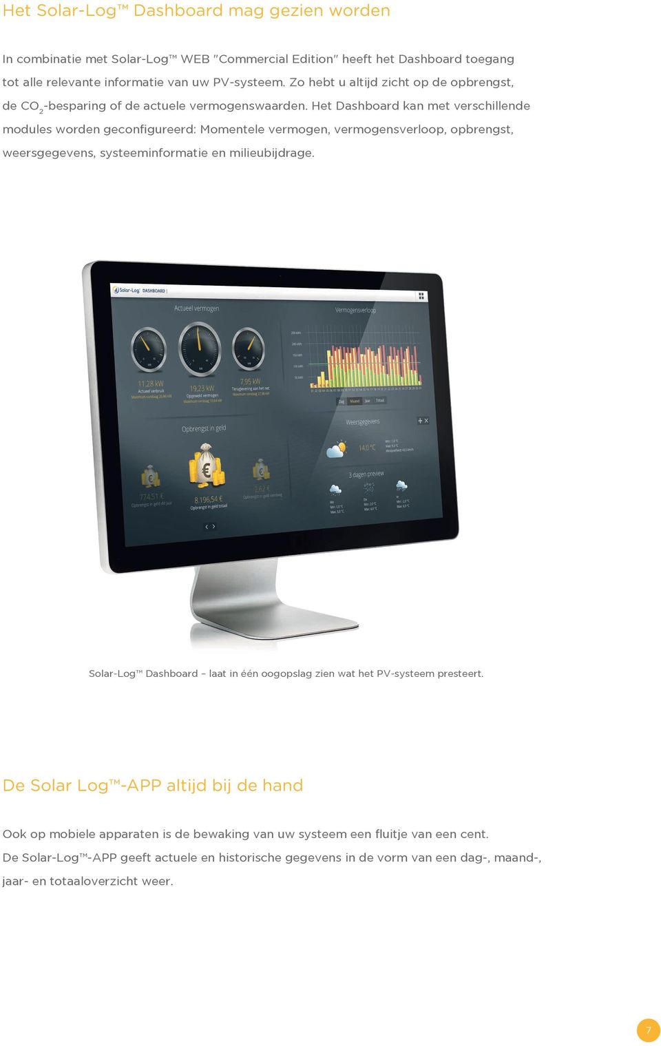 Het Dashboard kan met verschillende modules worden geconfigureerd: Momentele vermogen, vermogensverloop, opbrengst, weersgegevens, systeeminformatie en milieubijdrage.