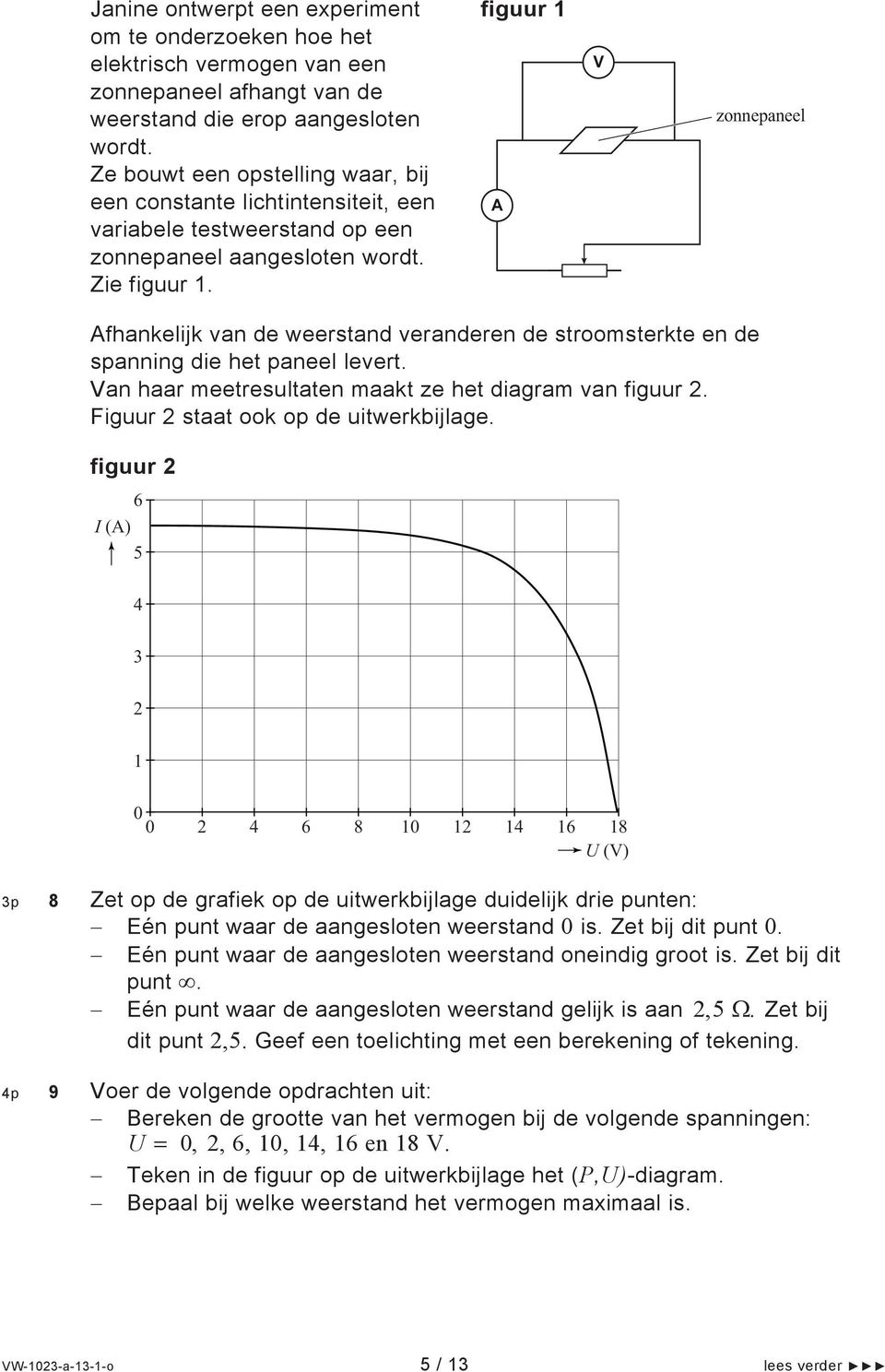 figuur 1 A V zonnepaneel Afhankelijk van de weerstand veranderen de stroomsterkte en de spanning die het paneel levert. Van haar meetresultaten maakt ze het diagram van figuur 2.