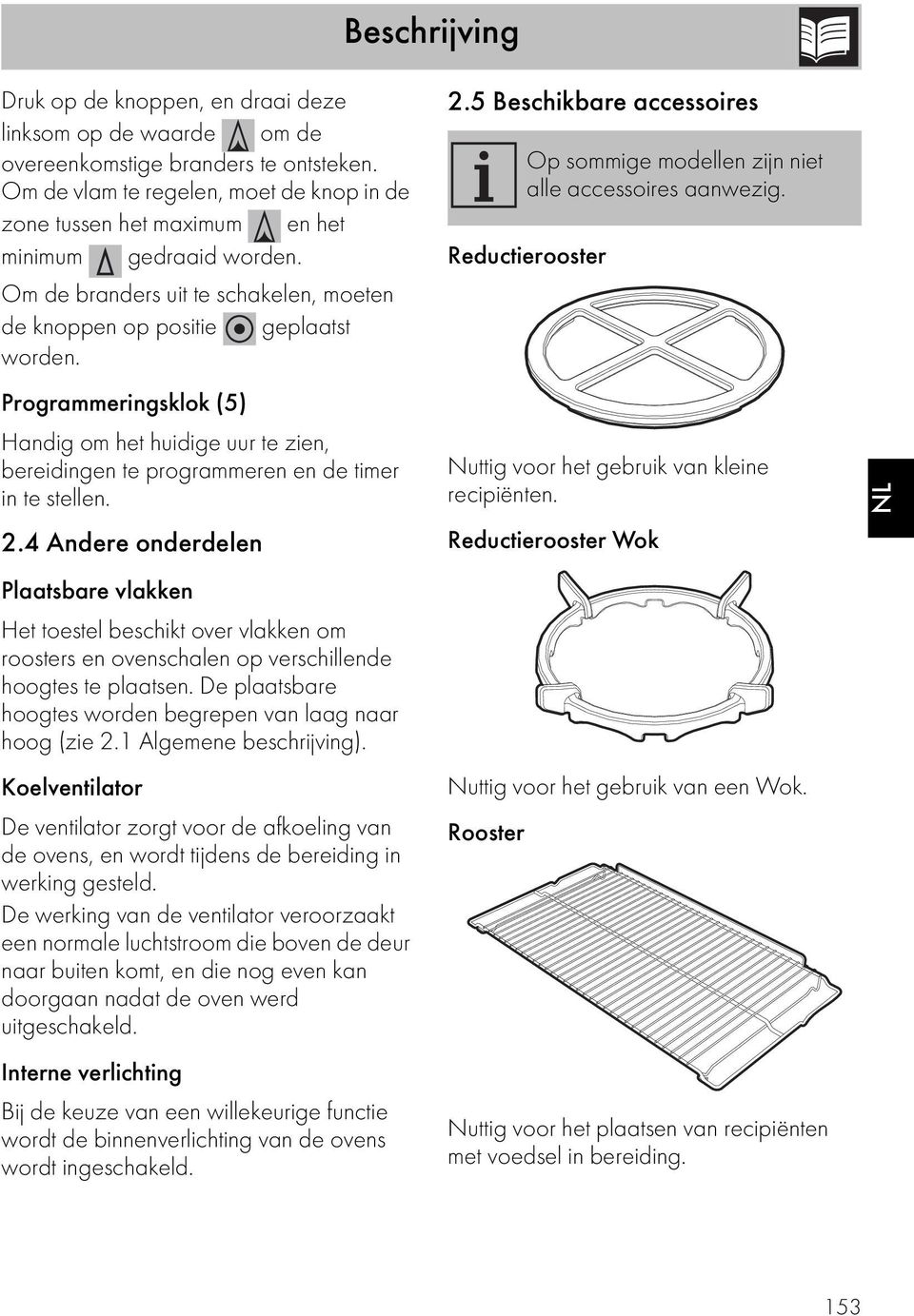 Programmeringsklok (5) Handig om het huidige uur te zien, bereidingen te programmeren en de timer in te stellen. 2.