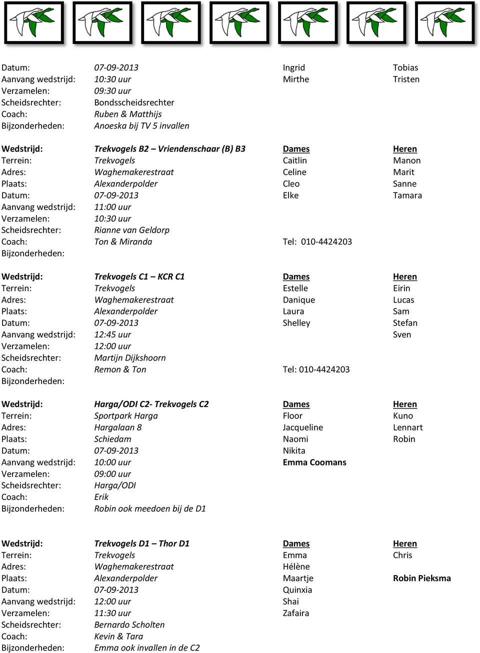 Tel: 010-4424203 Wedstrijd: Trekvogels C1 KCR C1 Dames Heren Terrein: Trekvogels Estelle Eirin Adres: Waghemakerestraat Danique Lucas Plaats: Alexanderpolder Laura Sam Datum: 07-09-2013 Shelley