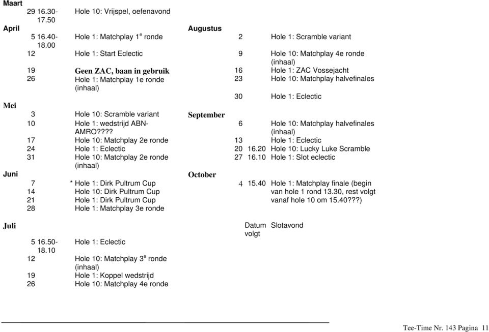 Hole 1: Eclectic Mei 3 Hole 10: Scramble variant September 10 Hole 1: wedstrijd ABN- AMRO?