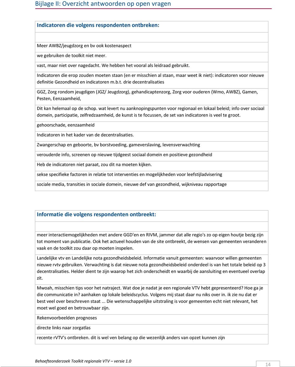 Indicatoren die erop zouden moeten staan (en er misschien al staan, maar weet ik niet): indicatoren voor nieuwe definitie Gezondheid en indicatoren m.b.t. drie decentralisaties GGZ, Zorg rondom jeugdigen (JGZ/ Jeugdzorg), gehandicaptenzorg, Zorg voor ouderen (Wmo, AWBZ), Gamen, Pesten, Eenzaamheid, Dit kan helemaal op de schop.